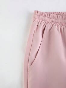 Men's Linen-Like Palm Tree Print Single-Breasted Short Sleeve Shirt And Drawstring Pants Set, Cozy Outfits - Baby Pink - View 5