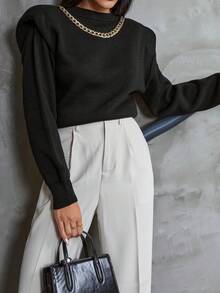 EURMUSE Casual Golden Chain Detailed Plain Pattern Sweater With Shoulder Pad - Black - View 3