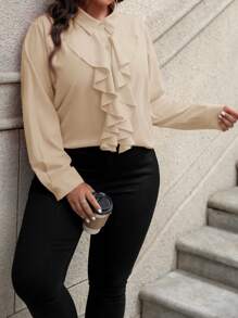 SHEIN Clasi Áo sơ mi dài tay đơn giản hàng ngày màu trơn cho nữ Plus Size - Màu be - Xem 5