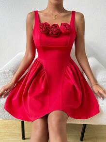 Chiquease Váy Cami xếp ly hoa nổi mùa hè - Đỏ - Xem 5
