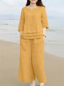 Bộ đồ nữ màu trơn gồm áo cổ chữ V tay lửng ôm sát và quần dài bằng vải lanh, kiểu dáng thường ngày, thích hợp cho mùa xuân, hè, thu và đông. - Màu vàng - Xem 1