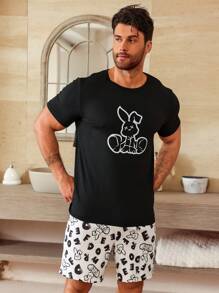 Men's Cartoon Print Round Neck Short Sleeve Top And Shorts Summer Home Wear Set - Black and White - View 3