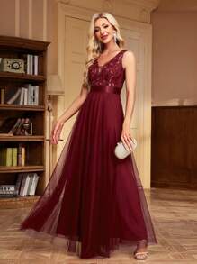 V领无袖刺绣网纱A字型正式伴娘礼服、优雅派对礼服、正式婚礼宾客礼服、毕业典礼礼服、春季晚礼服 - 酒紅色 - 查看 5