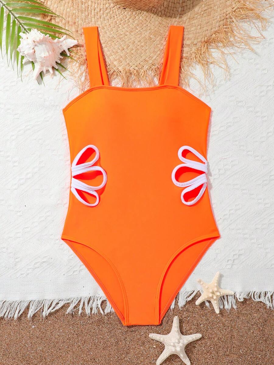 SHEIN 青少年女孩夏季海灘拼色中空單件泳衣,單件泳裝 - 橘色 - 查看 1