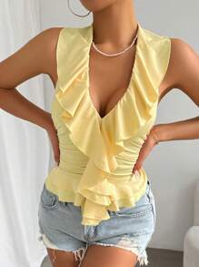 Femesol Women's Summer Elegant Solid-Color Ruffled Slim-Fit Halter Neck Camisole - Yellow - View 6