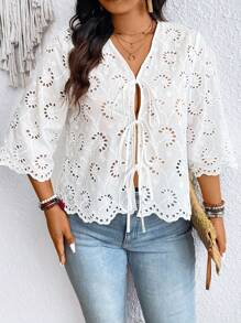 SHEIN Frenchy Plus Size Embroidered Commuter French Style Women's Shirt With Binding Straps - White - View 6