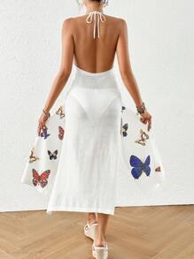 Breezaya 夏季沙灘度假浪漫長款編織綁帶針織開衫，分裂式下擺，頸部掛件 - 彩色 - 查看 2