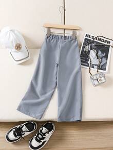 SHEIN Summer Casual Loose Fit, Comfortable, Laid-Back, All-Match Color Girls' Pants, Suitable For Daily Wear And Home Activities - Grey - View 2