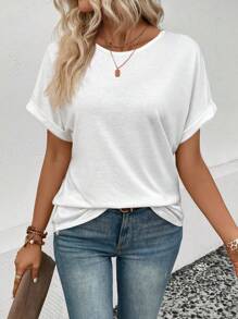 SHEIN LUNE Women's Solid Color Round Neck Batwing Short Sleeve T-Shirt