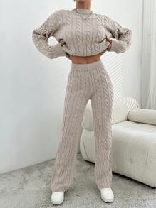 EURMUSE Cable Knit Drop Shoulder Sweater & Knit Pants - Apricot - View 3