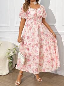 Franclia Plus Size Floral Printed Sweetheart Neckline Dress With Pleats, Ruffles Hemline And Short Sleeves, Summer