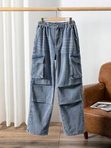 Y2K Wide Leg High Waisted Medium Washed Blue Jeans For Teenage Girls, With Multiple Pockets Design - Medium Wash - View 9