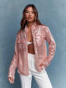 MISSGUIDED Áo sơ mi voan trong suốt đính sequin phong cách tương lai Y2K có chi tiết túi - Hồng - Xem 1