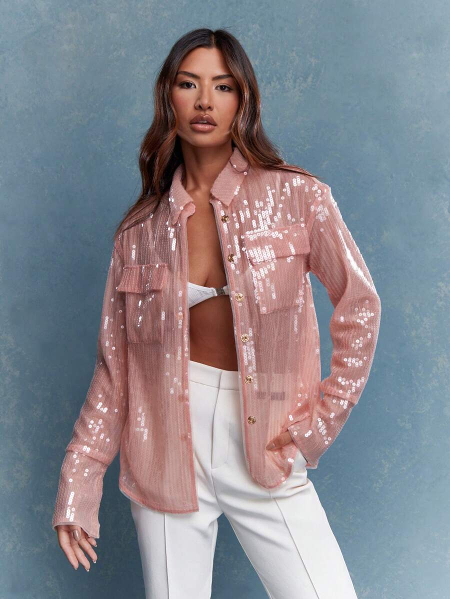 MISSGUIDED Áo sơ mi voan trong suốt đính sequin phong cách tương lai Y2K có chi tiết túi - Hồng - Xem 1