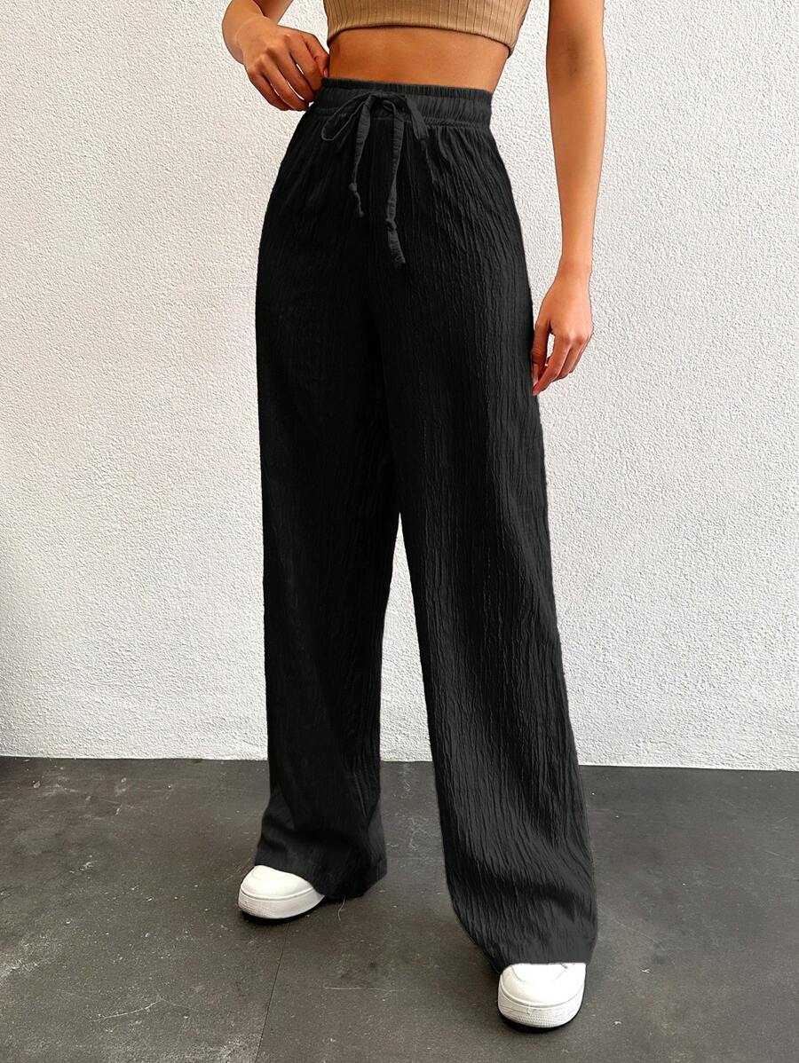 SHEIN Tall Tall Women's Solid Color Long Waist Drawstring Pants - Black - View 1