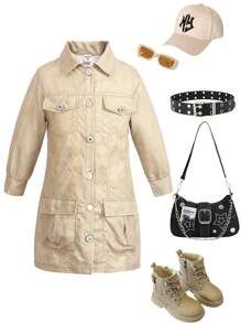 SHEIN Girls Back To School Casual Denim Effect & Solid Color Button Decor Contrast Stitching Shirt Dress, Street Fashion