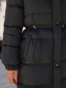 EURMUSE Zip Up Drawstring Waist Long Puffer Coat - Black - View 3