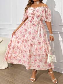 Franclia Plus Size Floral Printed Sweetheart Neckline Dress With Pleats, Ruffles Hemline And Short Sleeves, Summer
