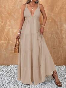 EURMUSE Dark Green  Long Dress - Beige - View 2