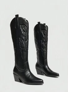 Ideal para ropa de otoño, botas altas hasta la rodilla con puntera puntiaguda y bordado estilo occidental para mujer, de PU, tacón grueso y medio, cálidas en invierno, color negro