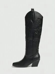 Ideal para ropa de otoño, botas altas hasta la rodilla con puntera puntiaguda y bordado estilo occidental para mujer, de PU, tacón grueso y medio, cálidas en invierno, color negro