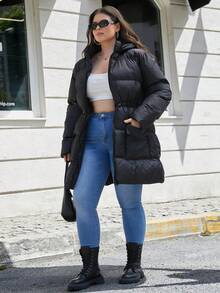 EURMUSE Plus Zipper Hooded Puffer Adjustable Waist Coat - Black - View 5