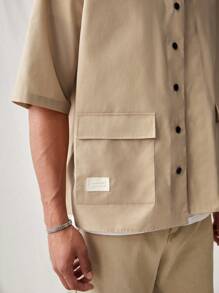 Mainfolk Men's Weave Fashion Brushed Solid Color Loose Fit Drop Shoulder Half Sleeve Daily Casual Shirt - Khaki - View 4