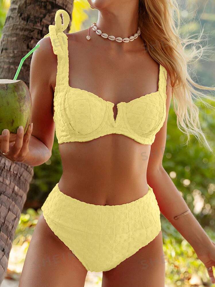 SHEIN Swim Mod Women s Solid Yellow Shoulder Knot Sexy Bikini Set For Summer Beach Bathing Suit SHEIN USA