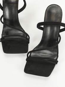 女士玫红色方头细高跟凉鞋，性感派对时尚简约舒适高跟鞋，拉长腿部线条，春夏穿搭 - 黑色 - 查看 8