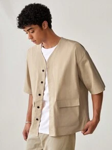 Mainfolk Men's Weave Fashion Brushed Solid Color Loose Fit Drop Shoulder Half Sleeve Daily Casual Shirt - Khaki - View 3