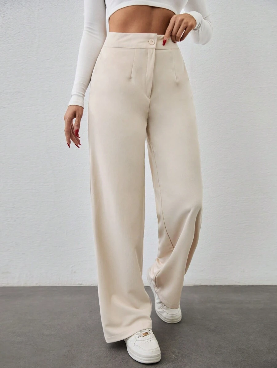 SHEIN Cottnline Calça de Terno Reta Preta - Bege - Ver 1