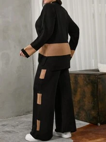 EURMUSE Conjunto de dos piezas de suéter de punto a color para mujer talla grande, para el invierno - Negro - Ver 2