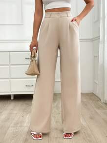 SHEIN Cottnline Simple And Casual Pleated Wide-Leg Suit Pants, Comfortable And Versatile - Beige - View 3
