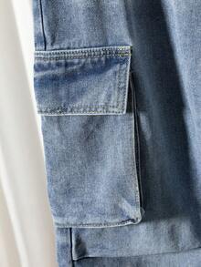 Y2K Wide Leg High Waisted Medium Washed Blue Jeans For Teenage Girls, With Multiple Pockets Design - Medium Wash - View 3