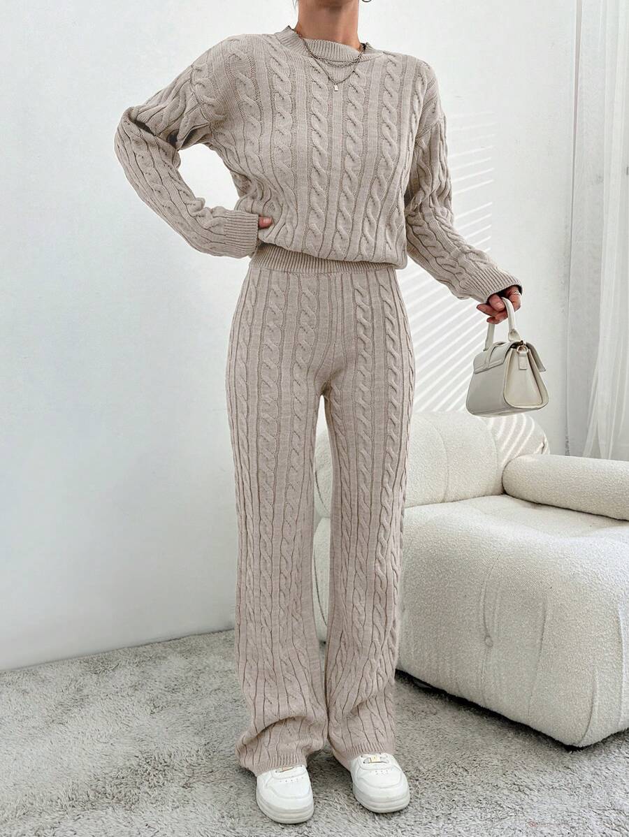 EURMUSE Cable Knit Drop Shoulder Sweater & Knit Pants - Apricot - View 1