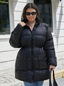 EURMUSE Plus Zipper Hooded Puffer Adjustable Waist Coat - Black - View 1