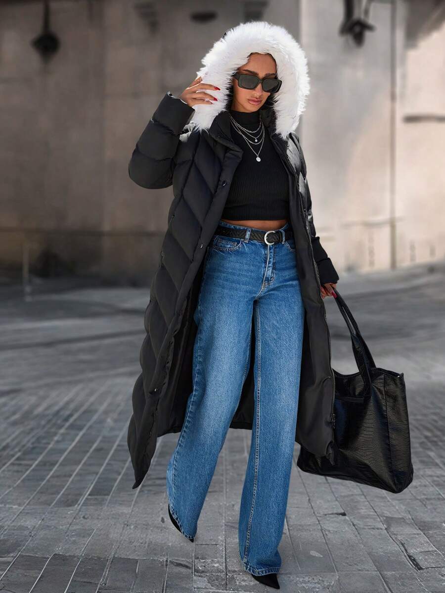 EURMUSE Long Zip Up Puffer Coat With Fur Hoodie - Black - View 1