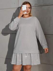 SHEIN Cottnline Plus Size Solid Color Round Neck Ruffled Hem Long Sleeve Dress With Rhinestone Decoration - Grey - View 1