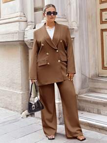 RueChic 大尺碼女士純色簡約日常套裝 - 棕色 - 查看 4