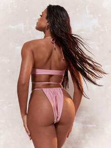 MISSGUIDED 缎面多带细节比基尼泳裤 夏季 - 粉色 - 查看 2