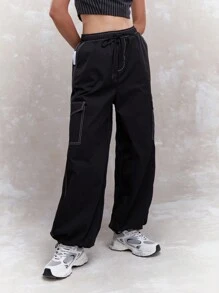 MISSGUIDED Balloon Hem Black Cargo Pants WIth Pockets Office Wear - Black - View 1