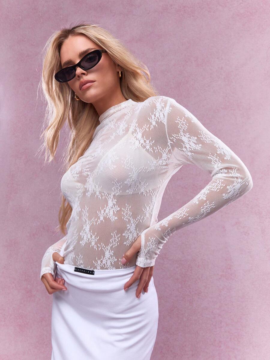 MISSGUIDED Transparente Spitzen-Polokragen Langarm Bluse, durchsichtige Spitzen-Bodysuit-Bluse mit langen Ärmeln