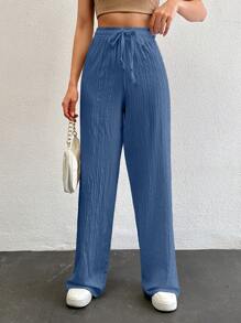 SHEIN Tall Tall Women's Solid Color Long Waist Drawstring Pants - Blue - View 3