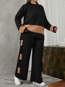 EURMUSE Conjunto de dos piezas de suéter de punto a color para mujer talla grande, para el invierno - Negro - Ver 5