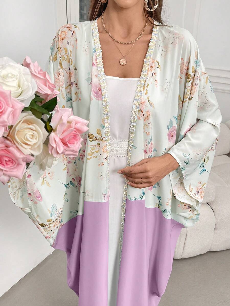 Al Najma Áo khoác dài phối họa tiết hoa trang nhã cho nữ, Xuân/Hè - Hồng - Xem 1