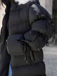 SHEIN Cottnline Special Design Long Puffer Coat With Fur Hoodie - Black - View 3