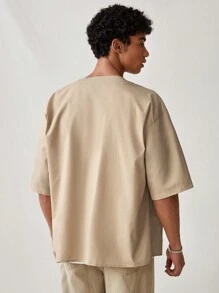 Mainfolk Men's Weave Fashion Brushed Solid Color Loose Fit Drop Shoulder Half Sleeve Daily Casual Shirt - Khaki - View 2