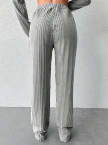 SHEIN Cottnline Ladies' Ribbed Knit Straight Leg Pants - Grey - View 2