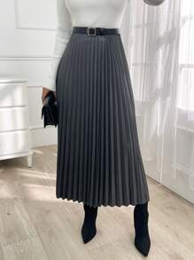 EURMUSE Women's Fashionable Gradient Pleated Skirt For Casual & Commuting Wear - Dark Grey - View 3