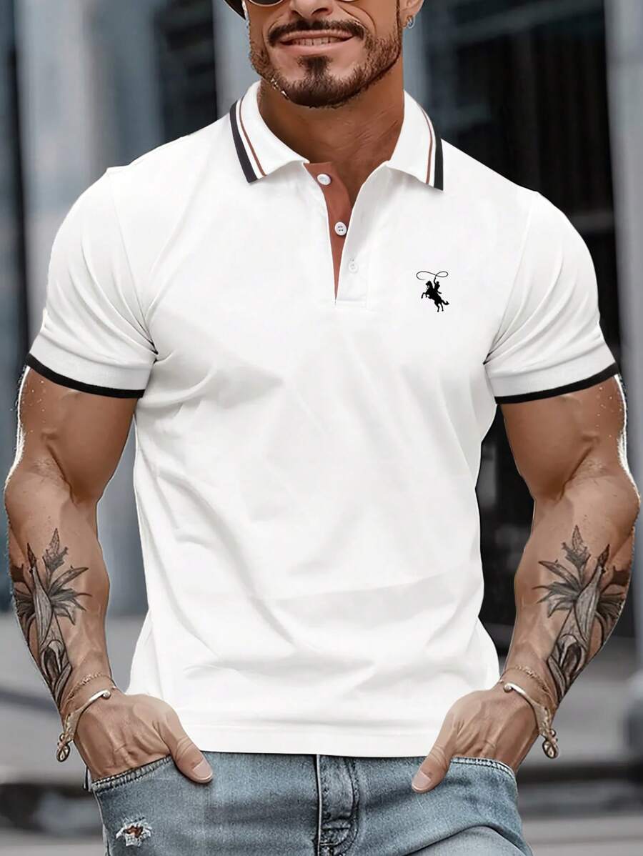 Manfinity Homme 男款簡約印花短袖Polo衫 - 白色 - 查看 1